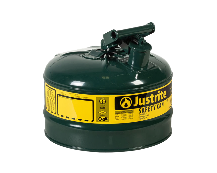 Justrite 2.5 Gallon Steel Safety Can for Oil, Type I, Flame Arrester, Green (7125400)
