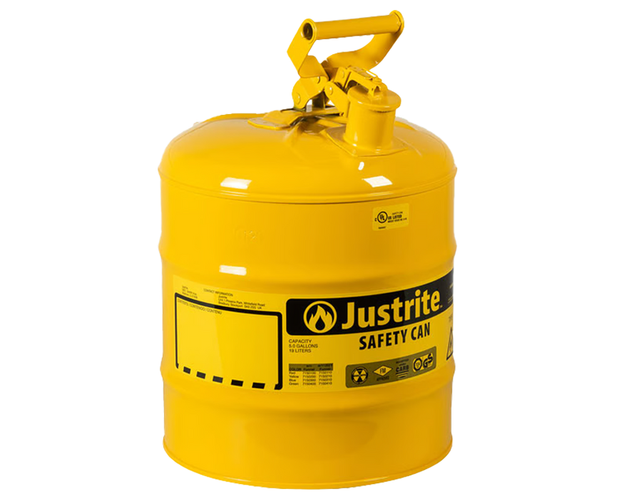 Justrite 5 Gallon Steel Safety Can for Diesel, Type I, Flame Arrester, Yellow (7150200)
