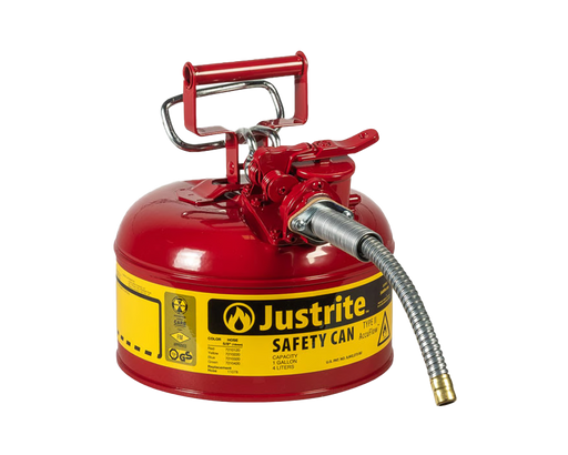 Justrite 1 Gallon, 5/8" Metal Hose, Steel Safety Can for Flammables, Type II, AccuFlow, Red (7210120)