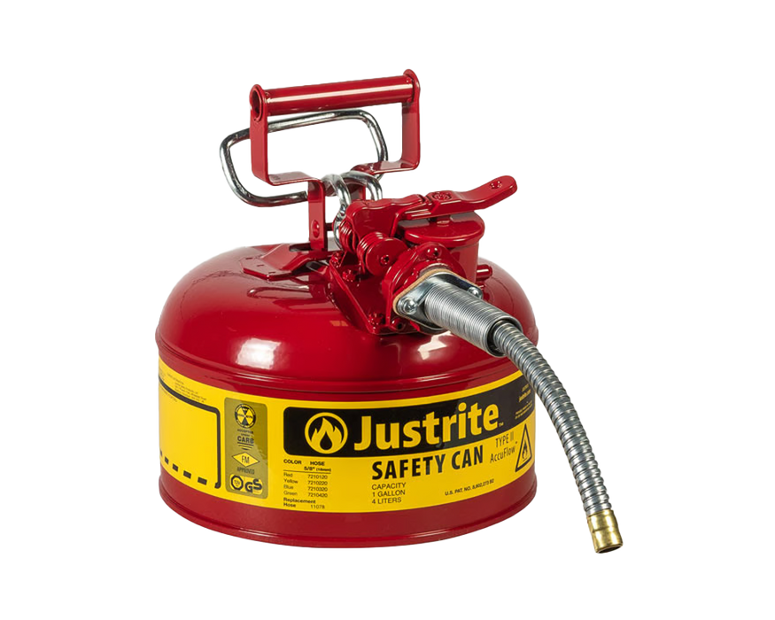 Justrite 1 Gallon, 5/8" Metal Hose, Steel Safety Can for Flammables, Type II, AccuFlow, Red (7210120)
