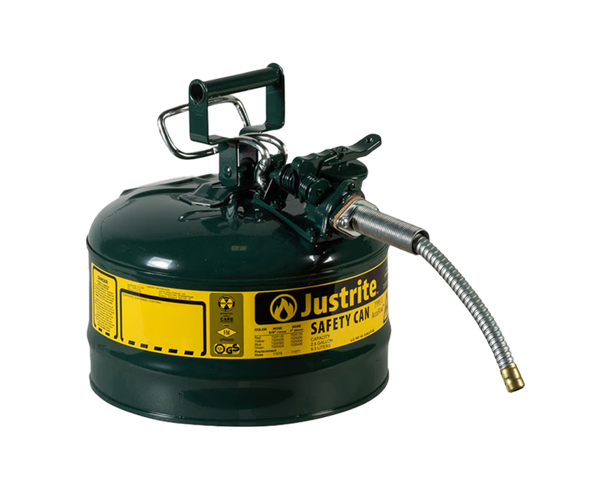 Justrite 2.5 Gallon, 5/8" Metal Hose, Steel Safety Can for Oil, Type II, AccuFlow™, Green (7225420)