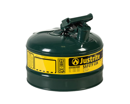 Justrite 2.5 Gallon Steel Safety Can for Oil, Type I, Flame Arrester, Green (7125400)