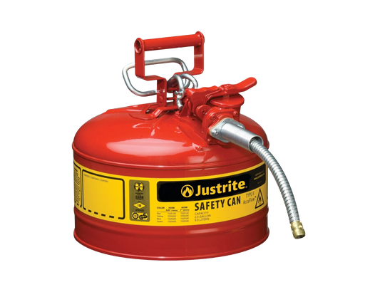 Justrite 2.5 Gallon, 5/8" Metal Hose, Steel Safety Can for Flammables, Type II, AccuFlow™, Red (7225120)