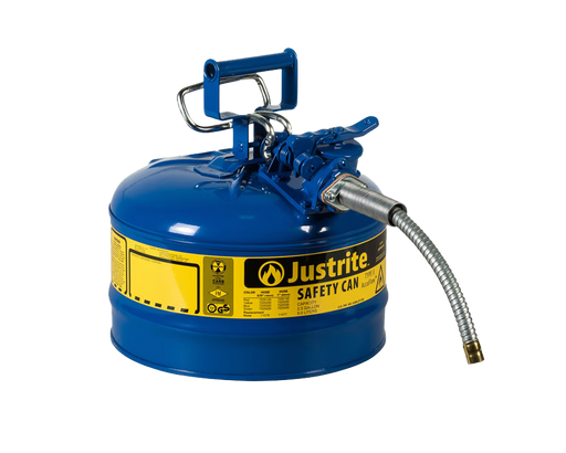 Justrite 2.5 Gallon, 5/8" Metal Hose, Steel Safety Can for Kerosene, Type II, AccuFlow™, Blue (7225320)