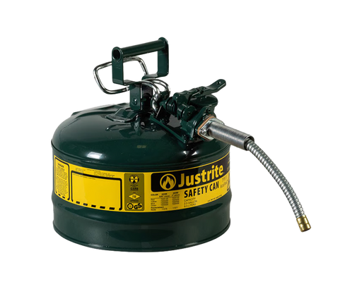 Justrite 2.5 Gallon, 5/8" Metal Hose, Steel Safety Can for Oil, Type II, AccuFlow™, Green (7225420)