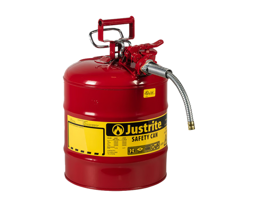 Justrite 5 Gallon, 5/8" Metal Hose, Steel Safety Can for Flammables, Type II, AccuFlow™, Red (7250120)