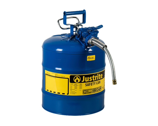 Justrite 5 Gallon, 5/8" Metal Hose, Steel Safety Can for Kerosene, Type II, AccuFlow™, Blue (7250320)